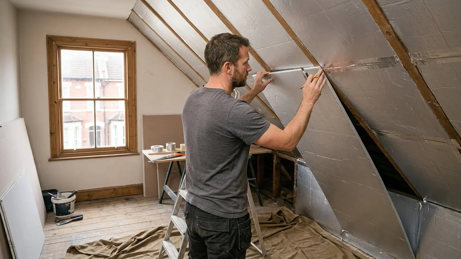 Builder fitting rigid insulation to the sloping ceiling of a Victorian terraced house bedroom during an EPC upgrade