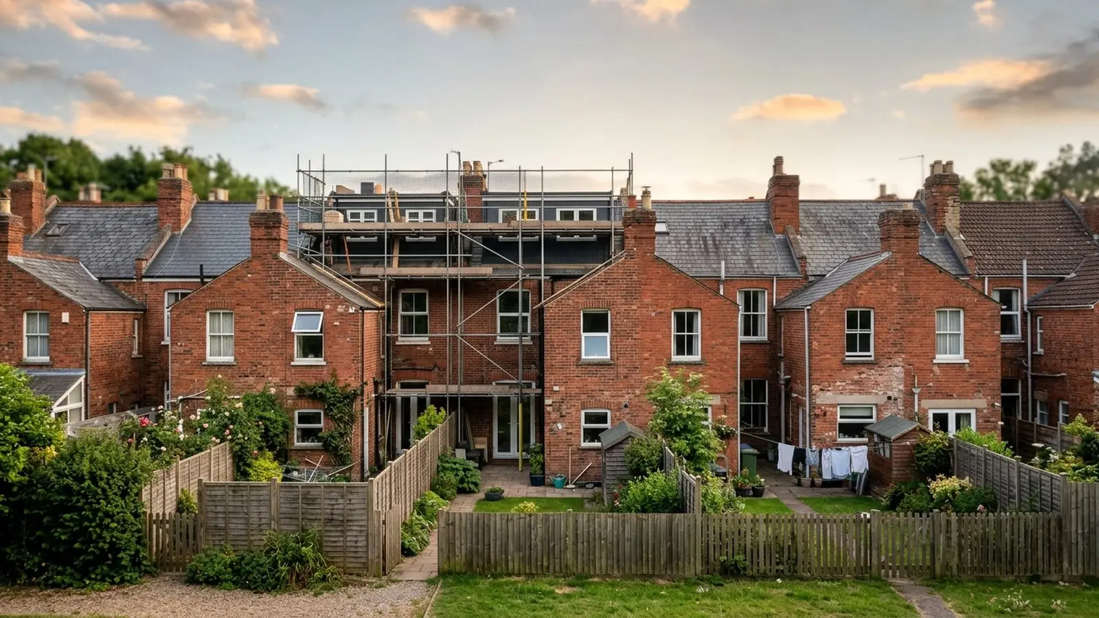 Illustrative image of Bristol Victorian terraces with shared party walls, one scaffolded for a loft conversion
