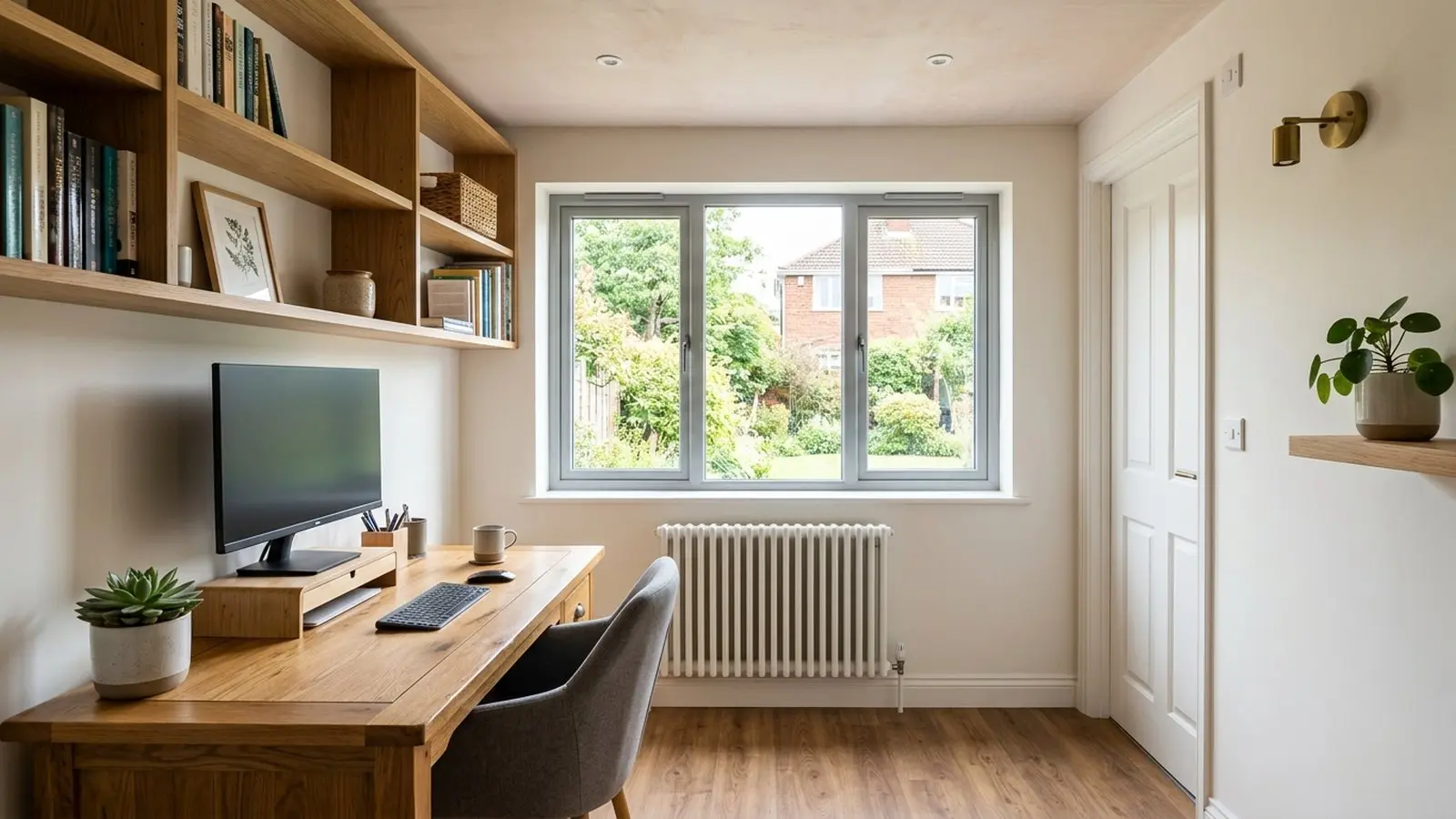 Illustrative image of a garage conversion home office with a wide window where the garage door used to be
