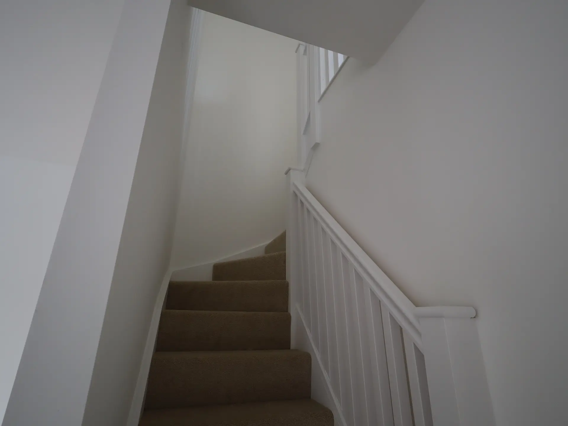 New carpeted staircase with white balustrade