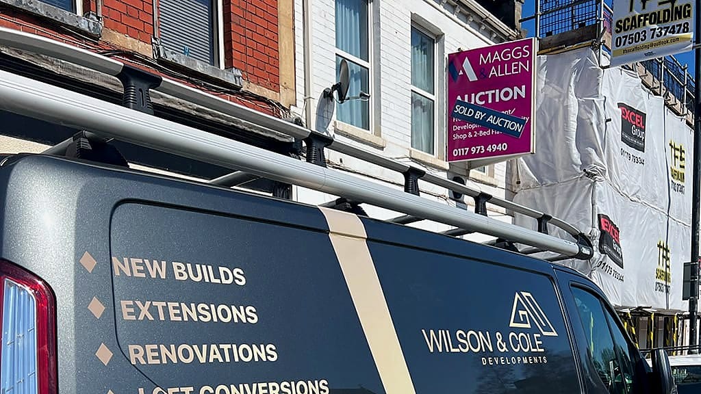 Wilson & Cole van outside a Bristol terraced house with scaffolding